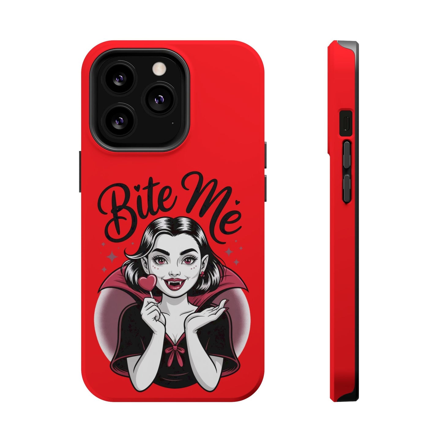 Red Halloween Vampire iPhone tough case with "Bite Me" text and vampire girl illustration, MagSafe compatible and protective dual-layer design.