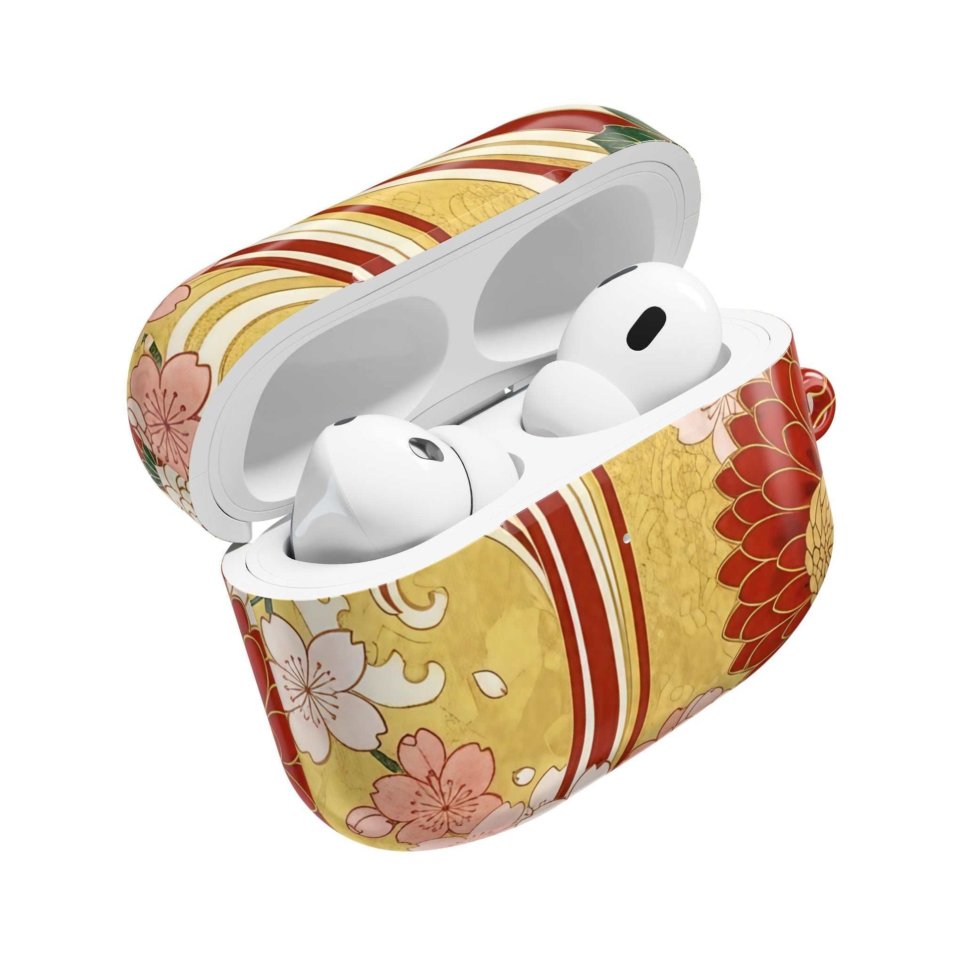 AirPod Case with Japanese floral gold chrysanthemum design, durable polycarbonate, and carabiner, stylish and protective.