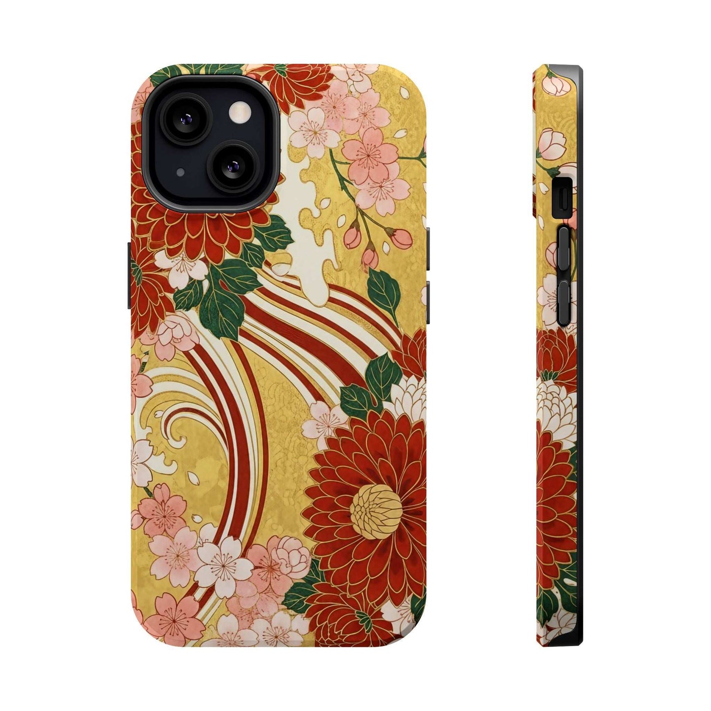 iPhone case with Japanese chrysanthemum and cherry blossom floral design, impact-resistant and MagSafe compatible