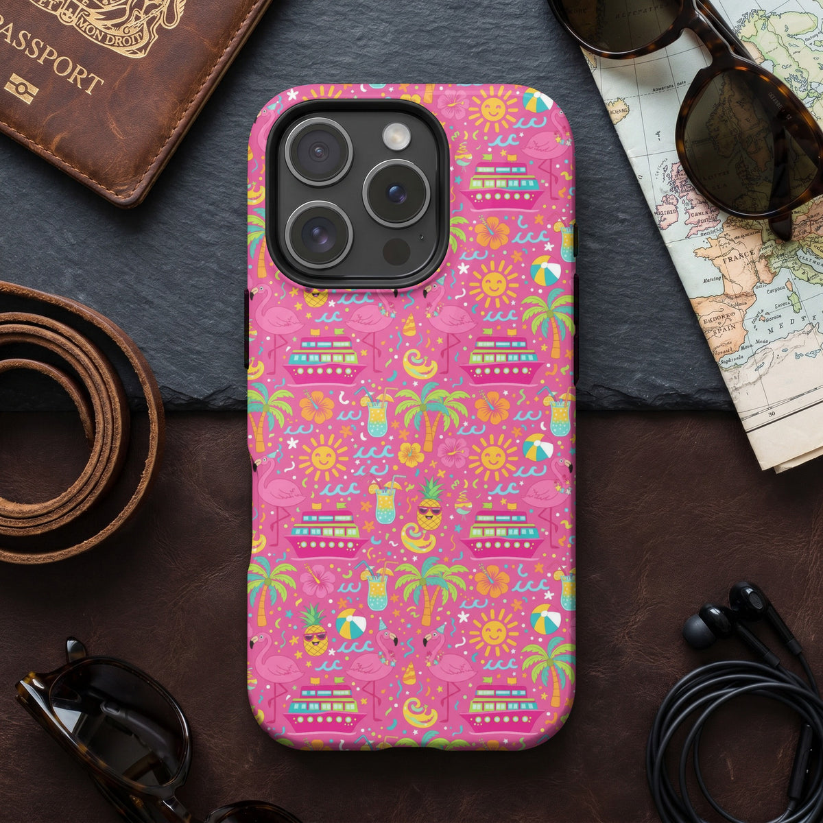 Pink phone case with tropical cruise pattern, including flamingos, ships, and suns.
