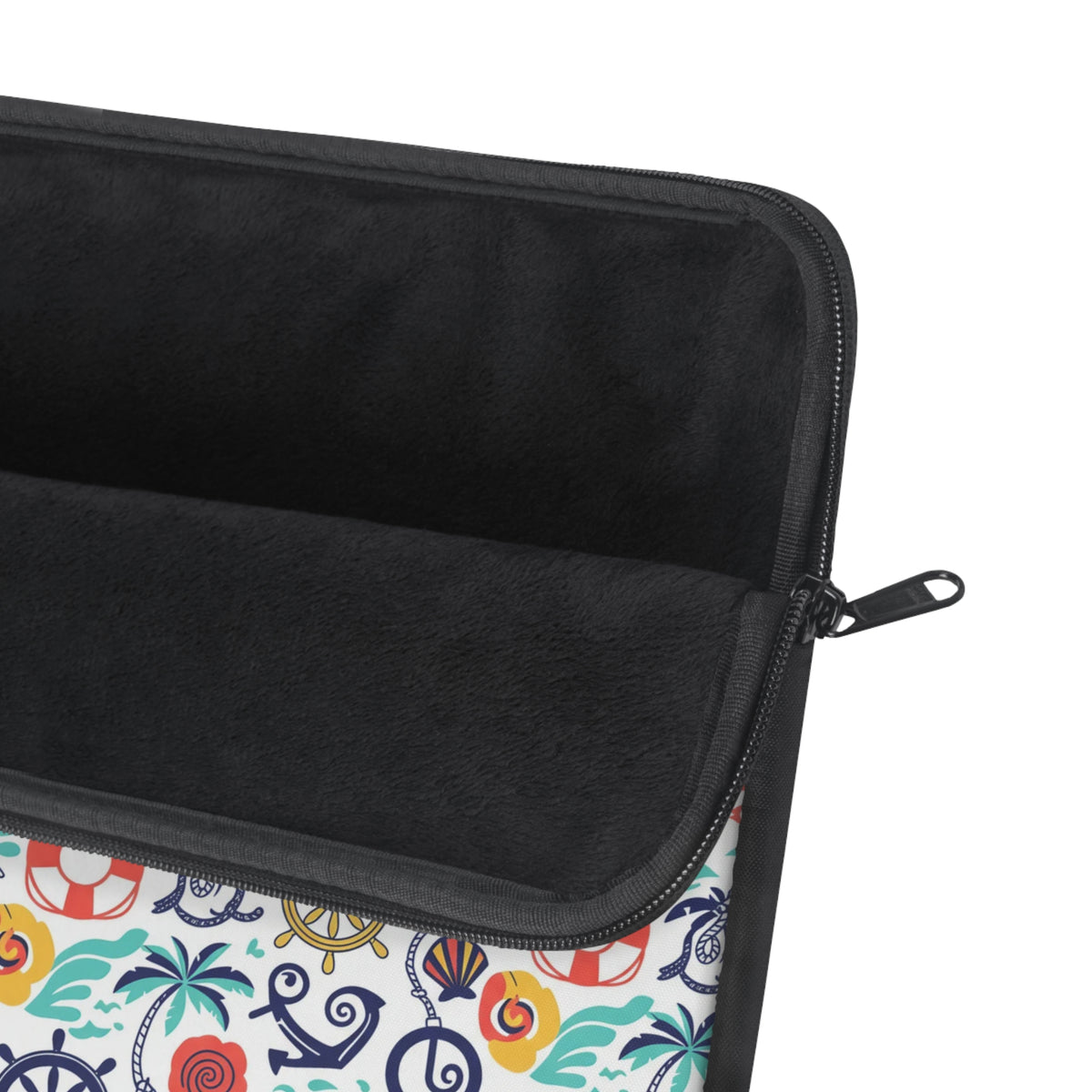 Black laptop sleeve with a white nautical print and black zipper.