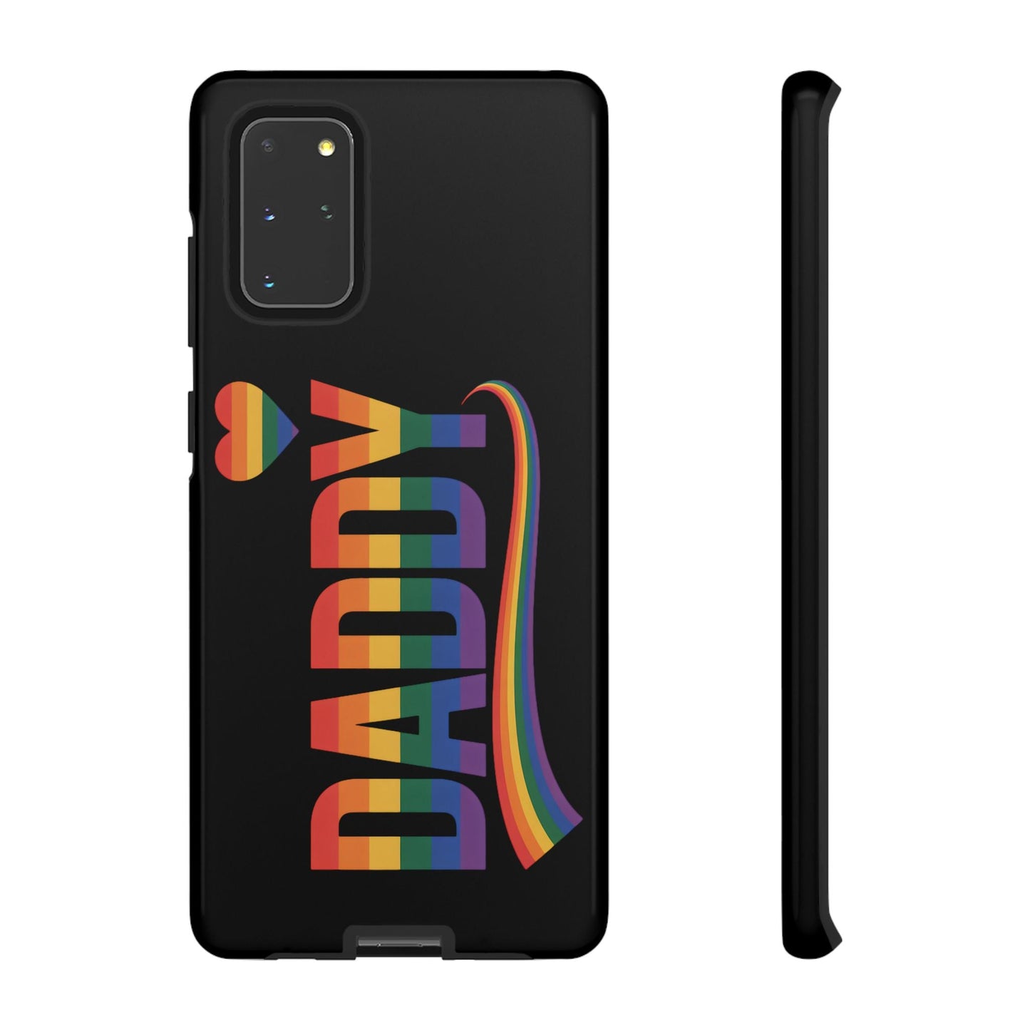 Samsung Tough Case with rainbow LGBT inspired "DADDY" text and heart design on black phone cover for Samsung Galaxy models