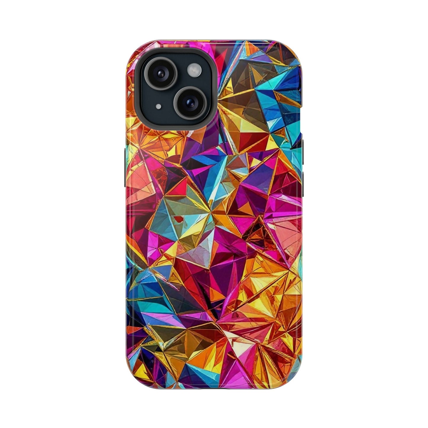 Colorful Rainbow Foil iPhone tough case with geometric pattern and built-in MagSafe magnet, protective dual-layer design