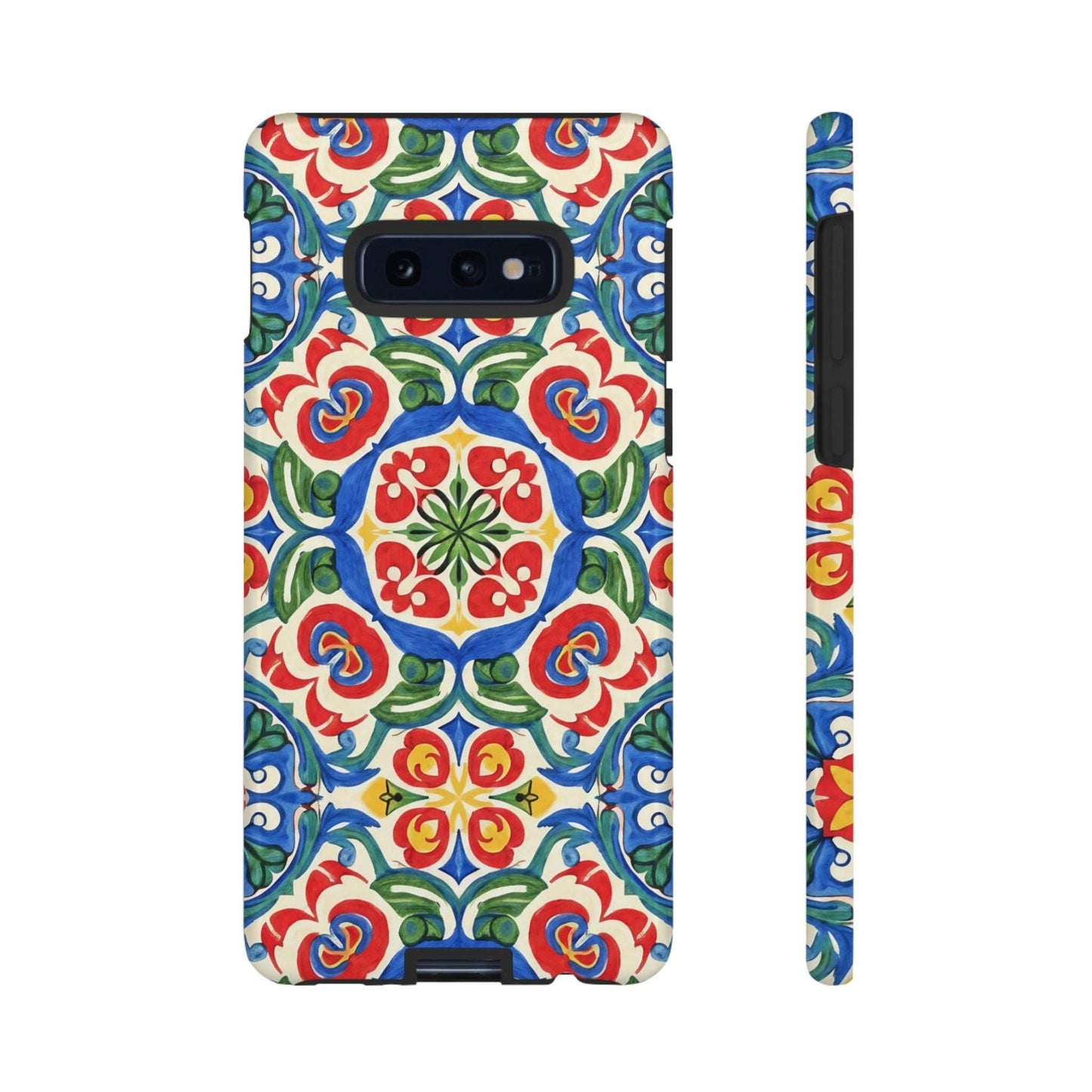 Samsung phone case with Mediterranean hand-painted folk tile pattern in blue, red, green, and terracotta colors, dual-layer protective design with seamless wraparound artwork