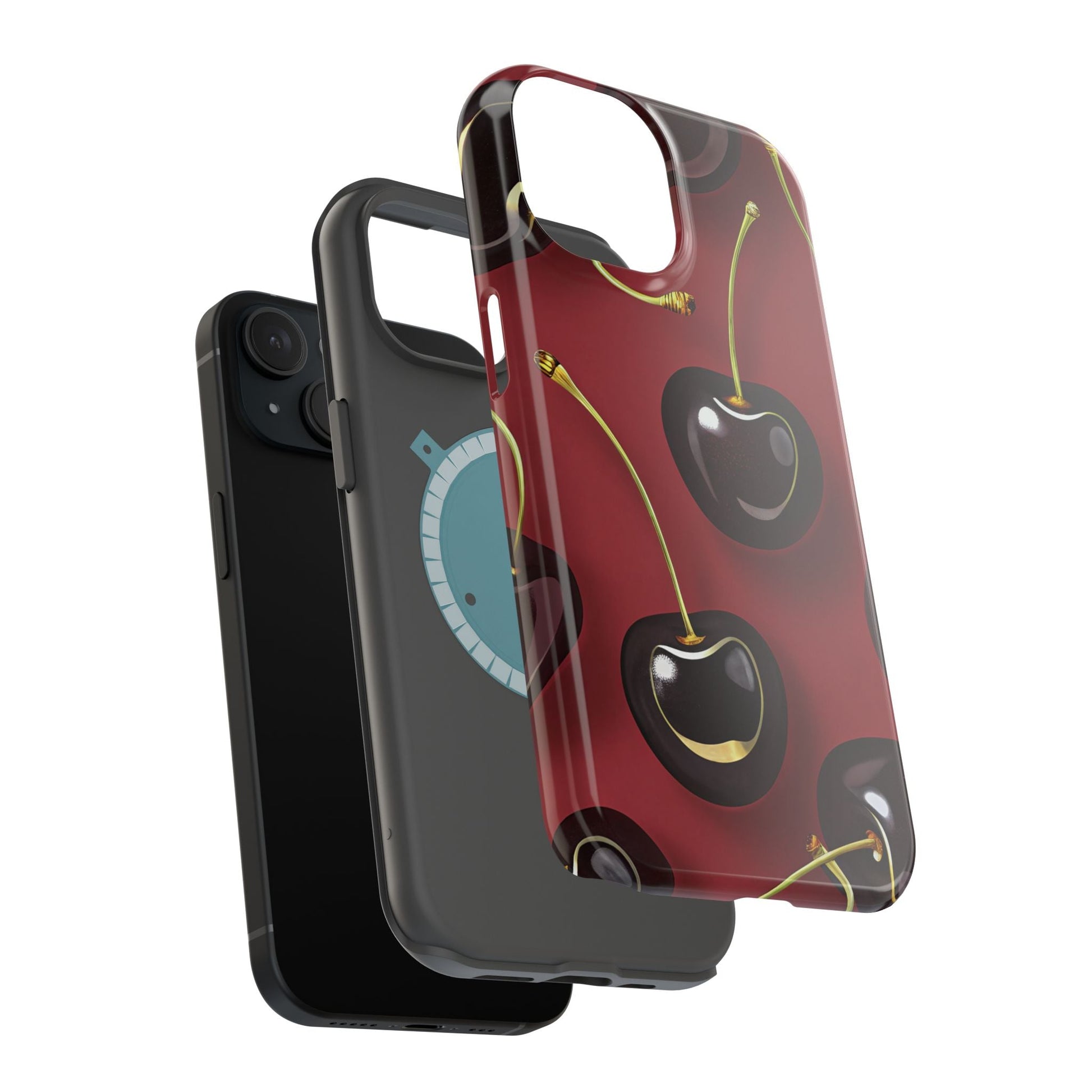 Cherry iPhone tough case with dual-layer protection and vibrant photo-realistic cherry design, MagSafe compatible.