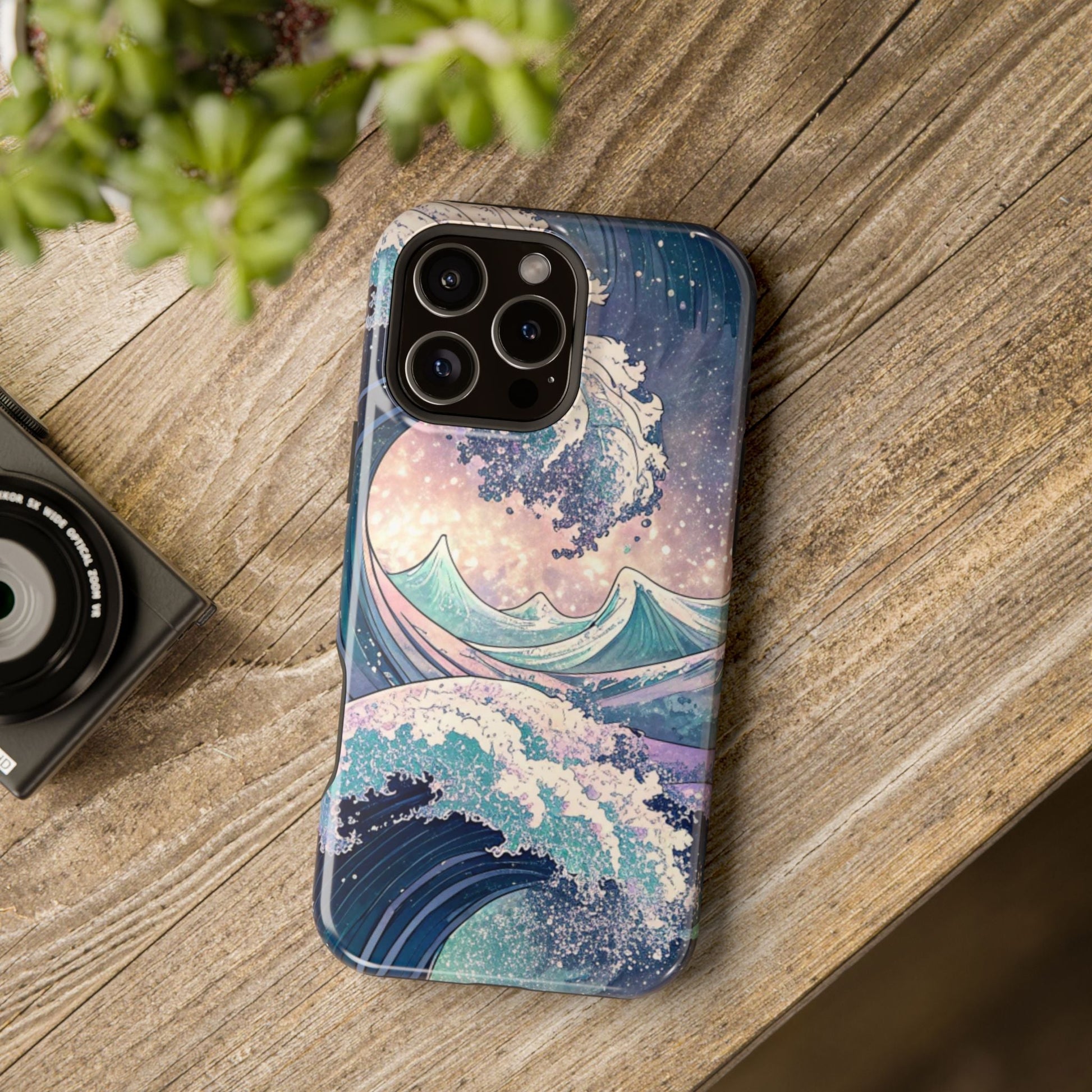 iPhone case with Crashing Waves Design featuring ocean waves artwork, magnetic MagSafe compatible tough protective cover