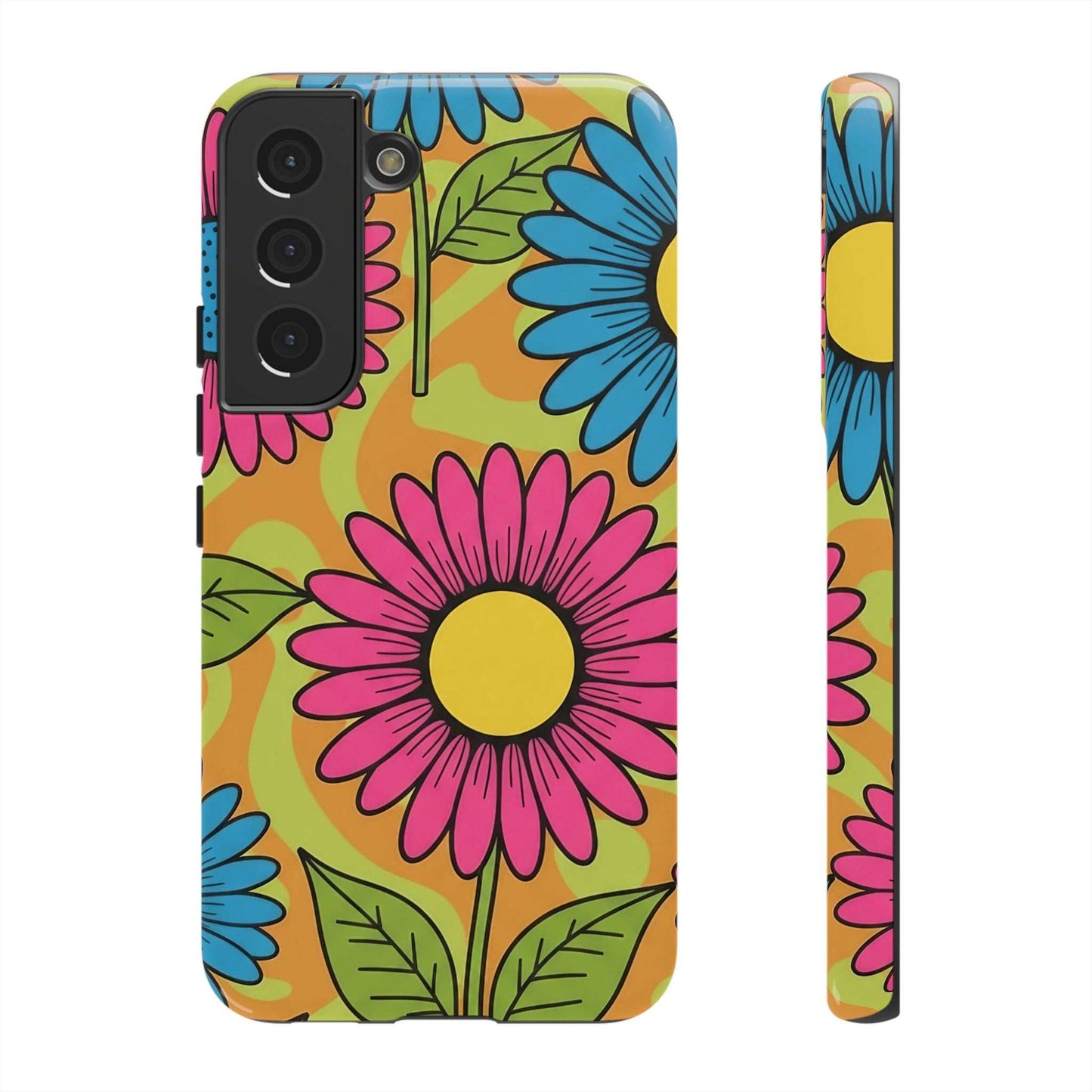 Samsung Tough Case with colorful floral design, durable impact-resistant shell, and shock-absorbing silicone liner for phone protection.
