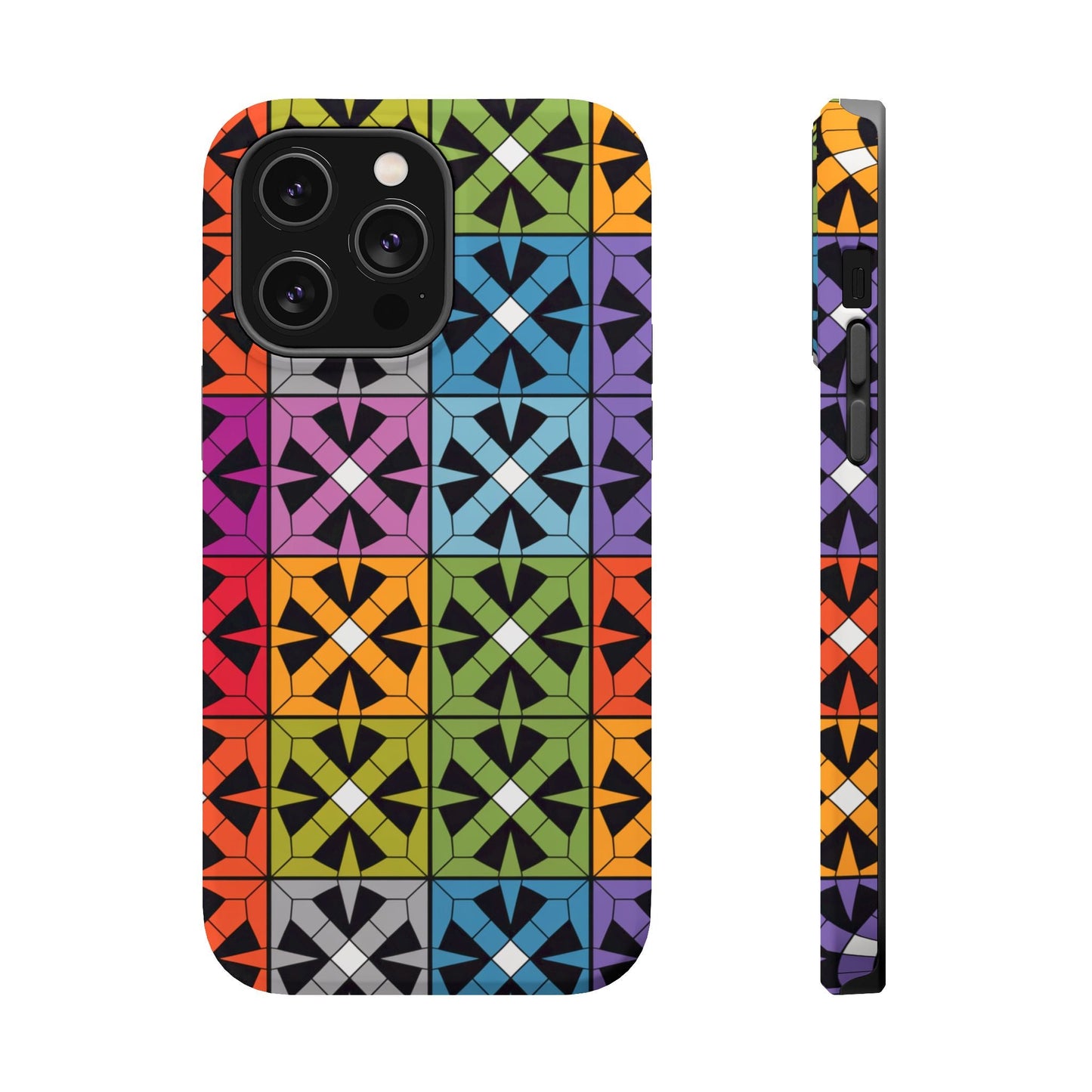 Rainbow Squares iPhone Tough Case with vibrant geometric pattern and durable dual-layer protection for iPhone 16, 15, and 14 models.