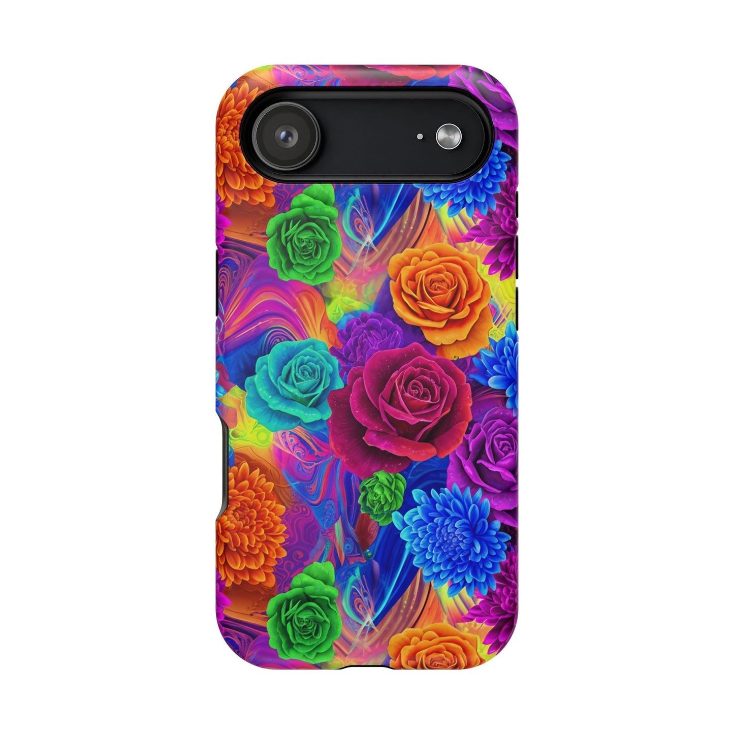 iPhone tough case with vibrant seamless floral pattern, durable dual-layer shock protection, and MagSafe compatibility