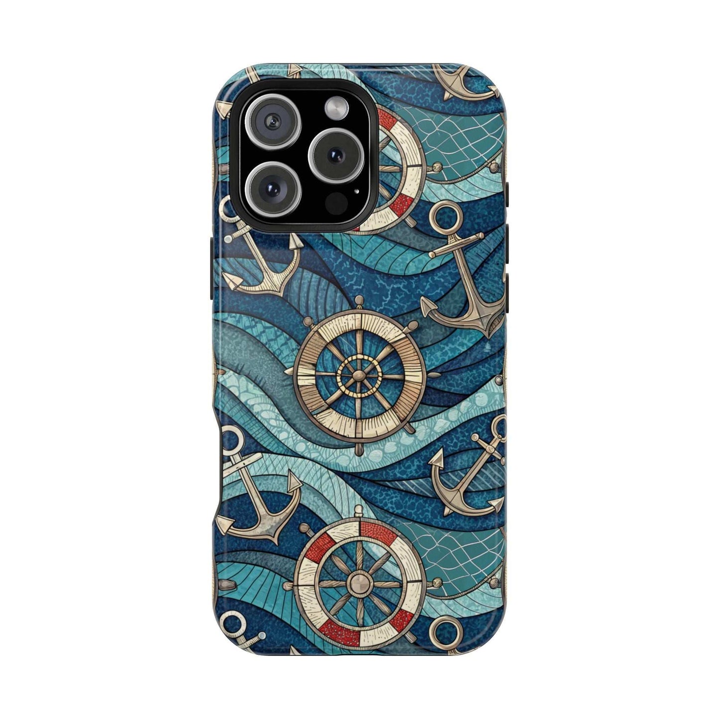 Nautical Theme iPhone Case with anchors and ship wheels on blue waves for iPhone 13-16 series, durable and stylish coastal design