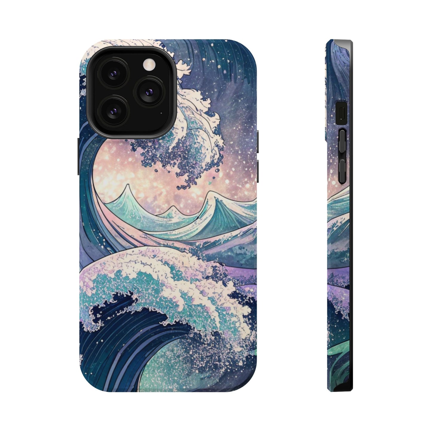 iPhone case with crashing waves design, dual-layer protection, MagSafe compatible, glossy or matte finish
