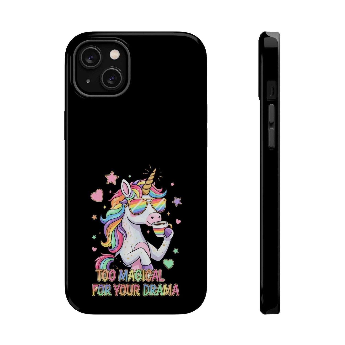 Black iPhone case with colorful unicorn and "Too Magical for Your Drama" text, impact-resistant polycarbonate design