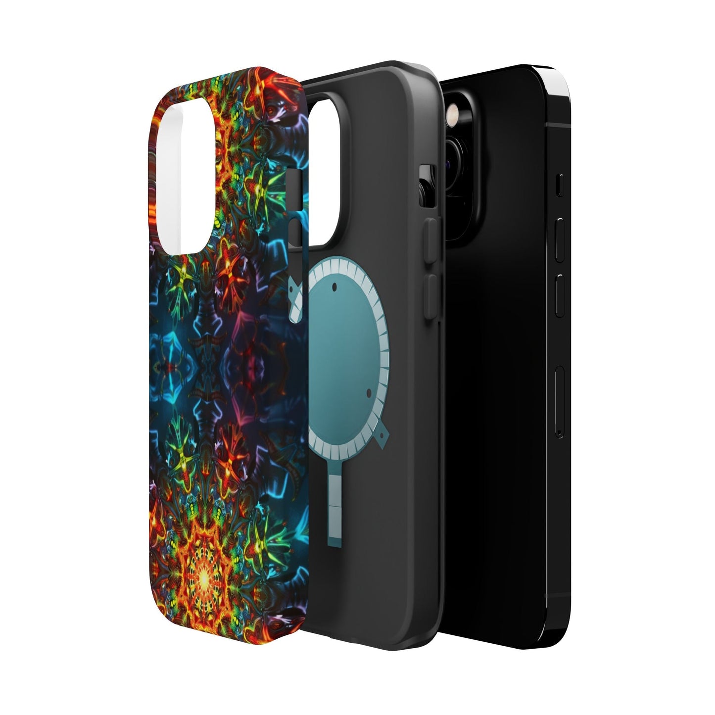 Durable iPhone case with vibrant abstract kaleidoscope design and dual-layer protection.