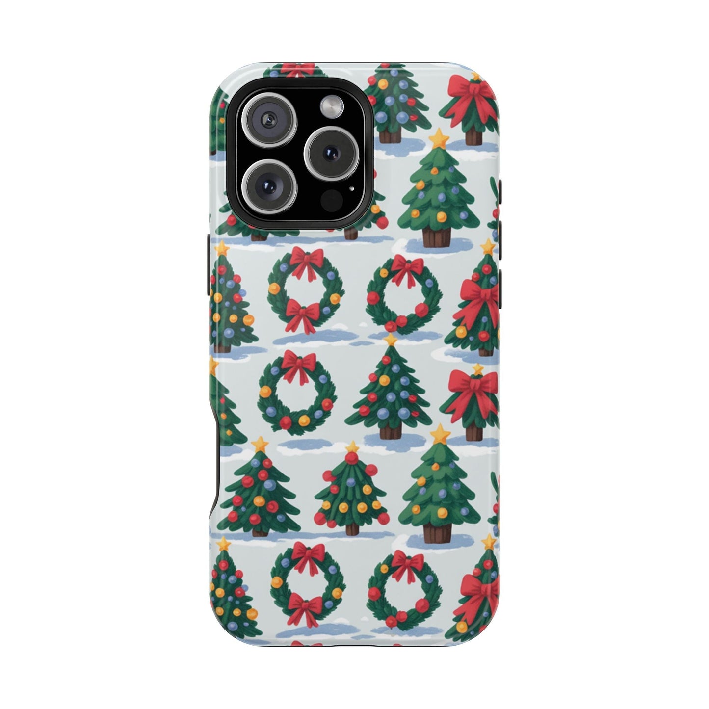 iPhone case with festive holiday tree and wreath pattern for Christmas protection and MagSafe compatibility