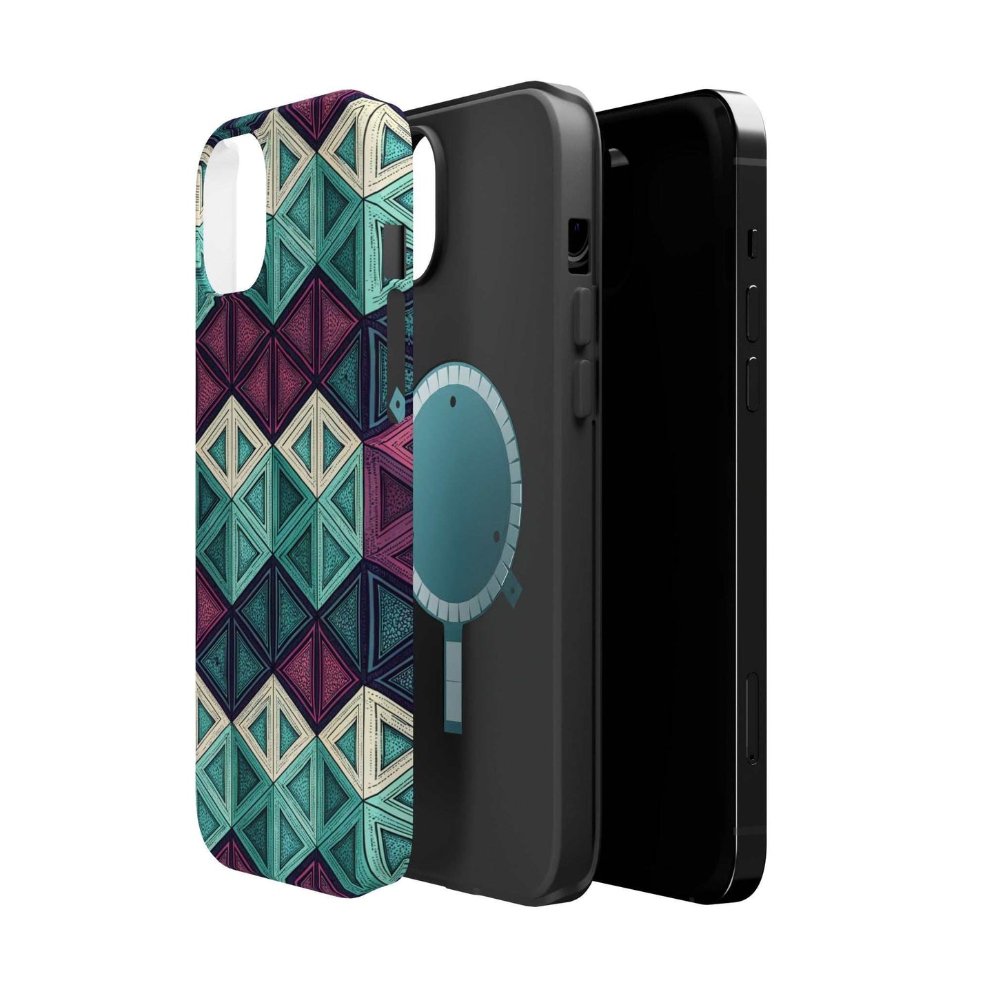 Purple and Teal Abstract geometric pattern iPhone tough case with MagSafe compatibility and dual-layer protection