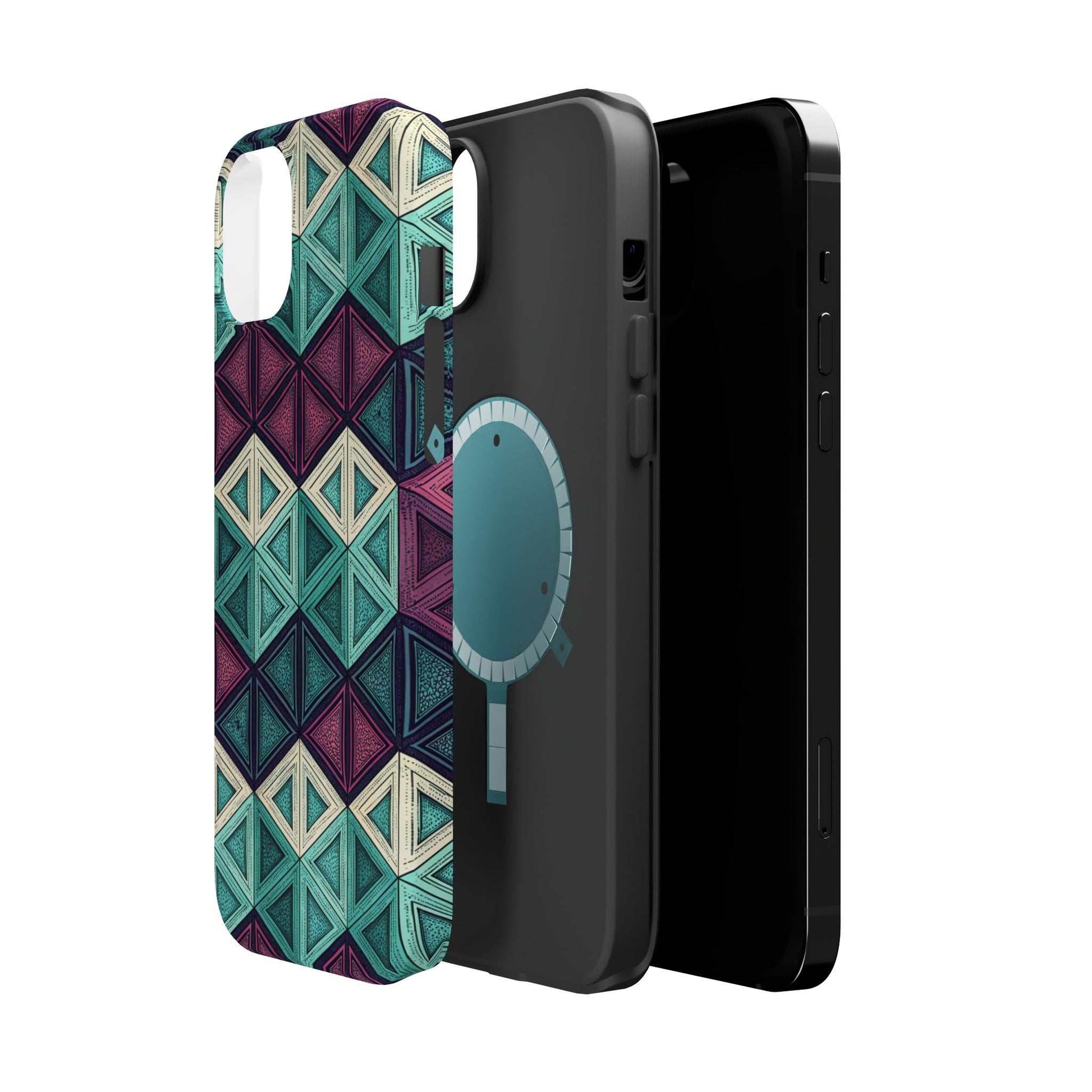 Purple and Teal Abstract geometric pattern iPhone tough case with MagSafe compatibility and dual-layer protection