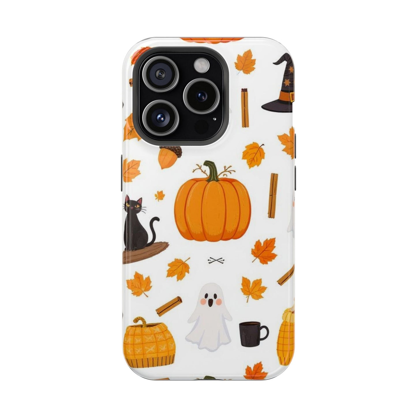 Halloween Pumpkins iPhone case with festive spooky pumpkin, ghost, and autumn leaf design, durable protective cover with MagSafe compatibility