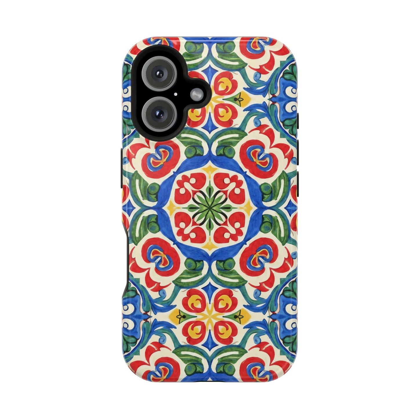 Mediterranean iPhone Case with colorful folk tile art pattern and MagSafe compatibility