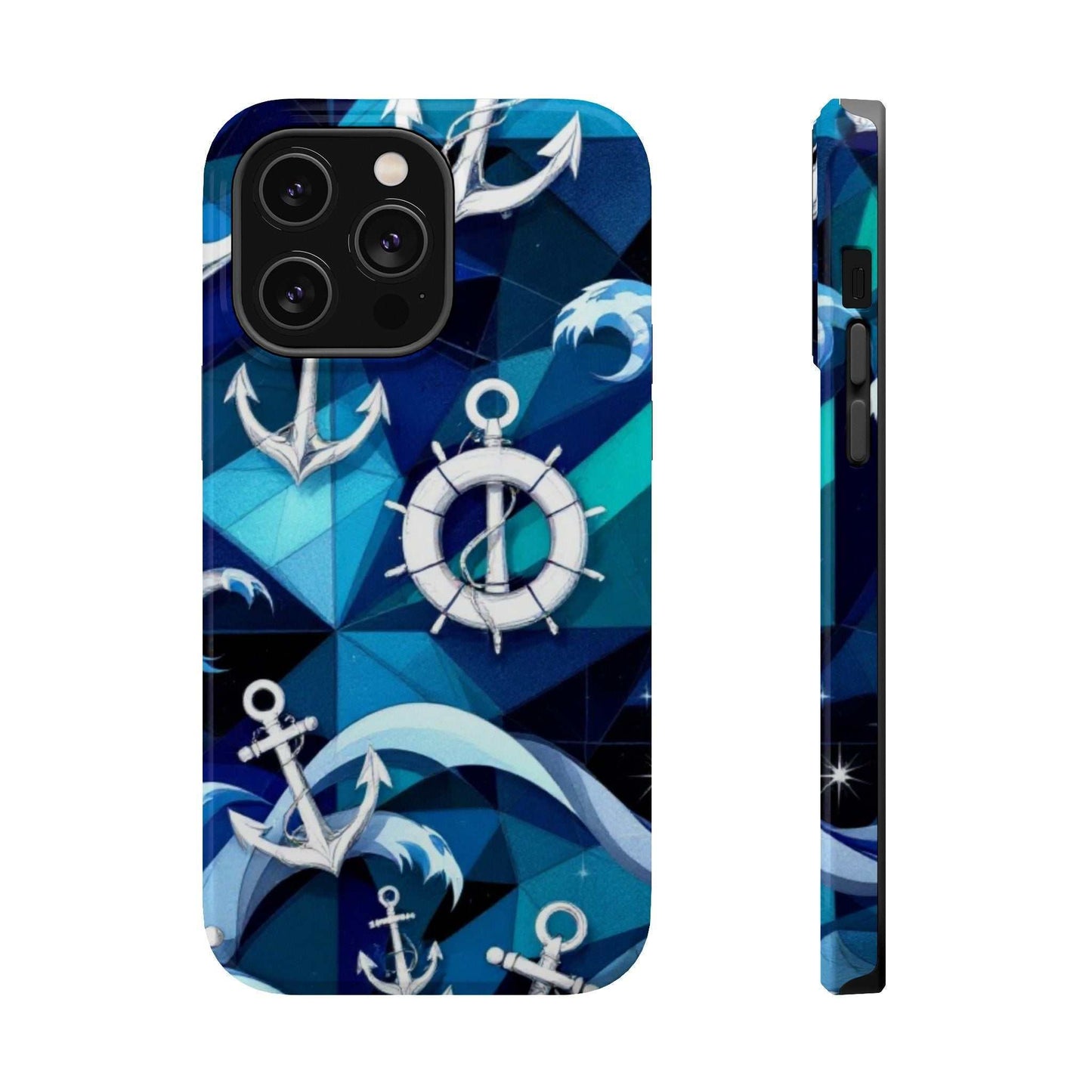 Nautical Anchors iPhone case with anchor and ship wheel design in blue, durable with MagSafe compatibility