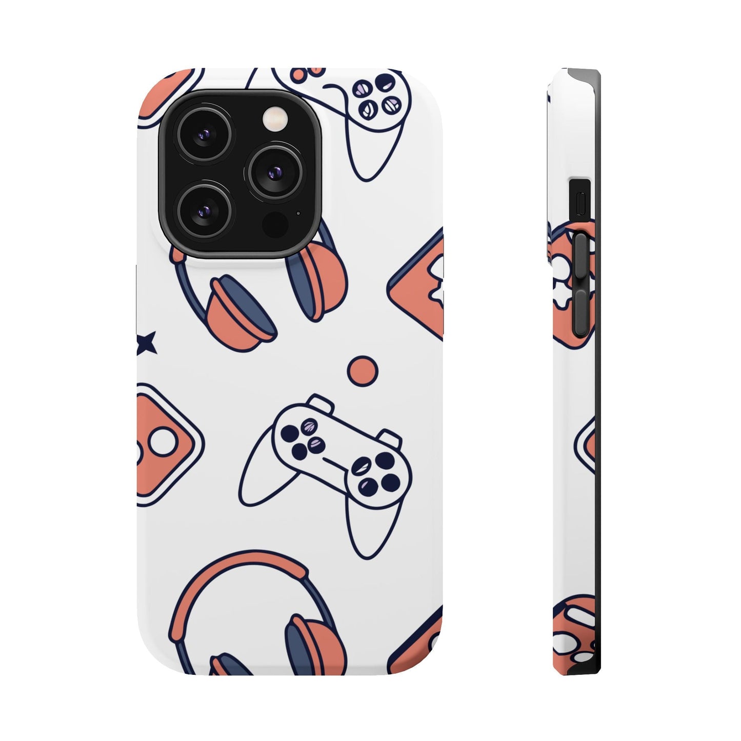 Gamer iPhone tough case with colorful gaming controller and headset design, durable polycarbonate protection, compatible with MagSafe accessories.