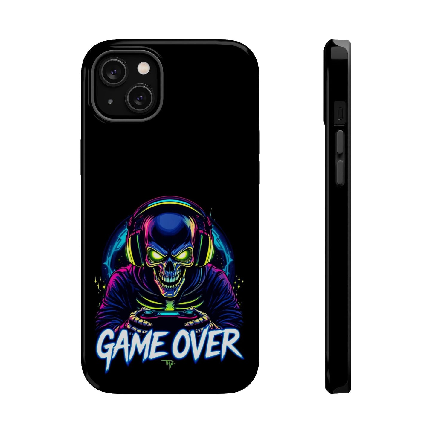Game Over Gamer iPhone tough case with vibrant skull gaming design, durable dual-layer protection, and MagSafe compatibility.