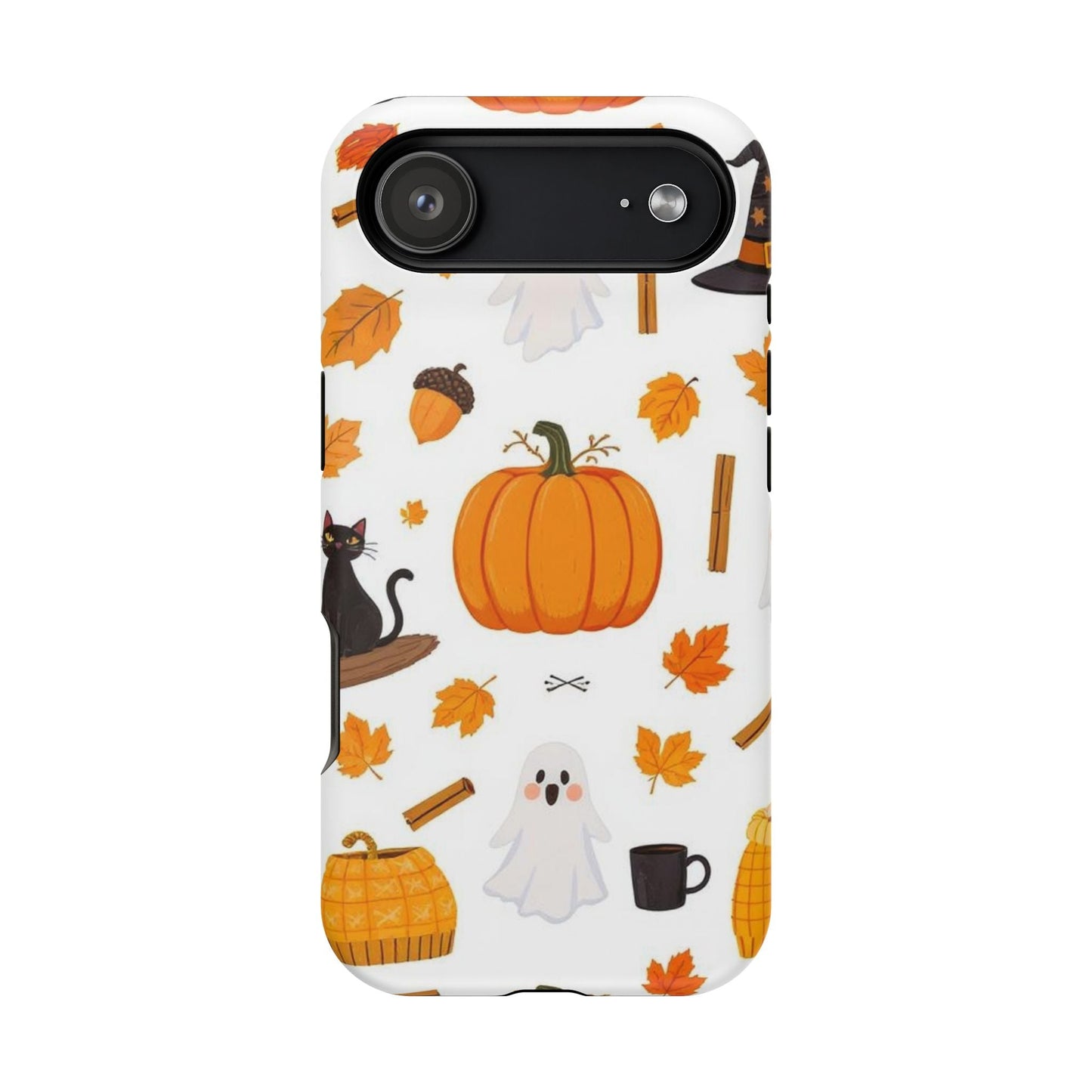iPhone case with Halloween pumpkins, ghosts, black cats, and autumn leaves design