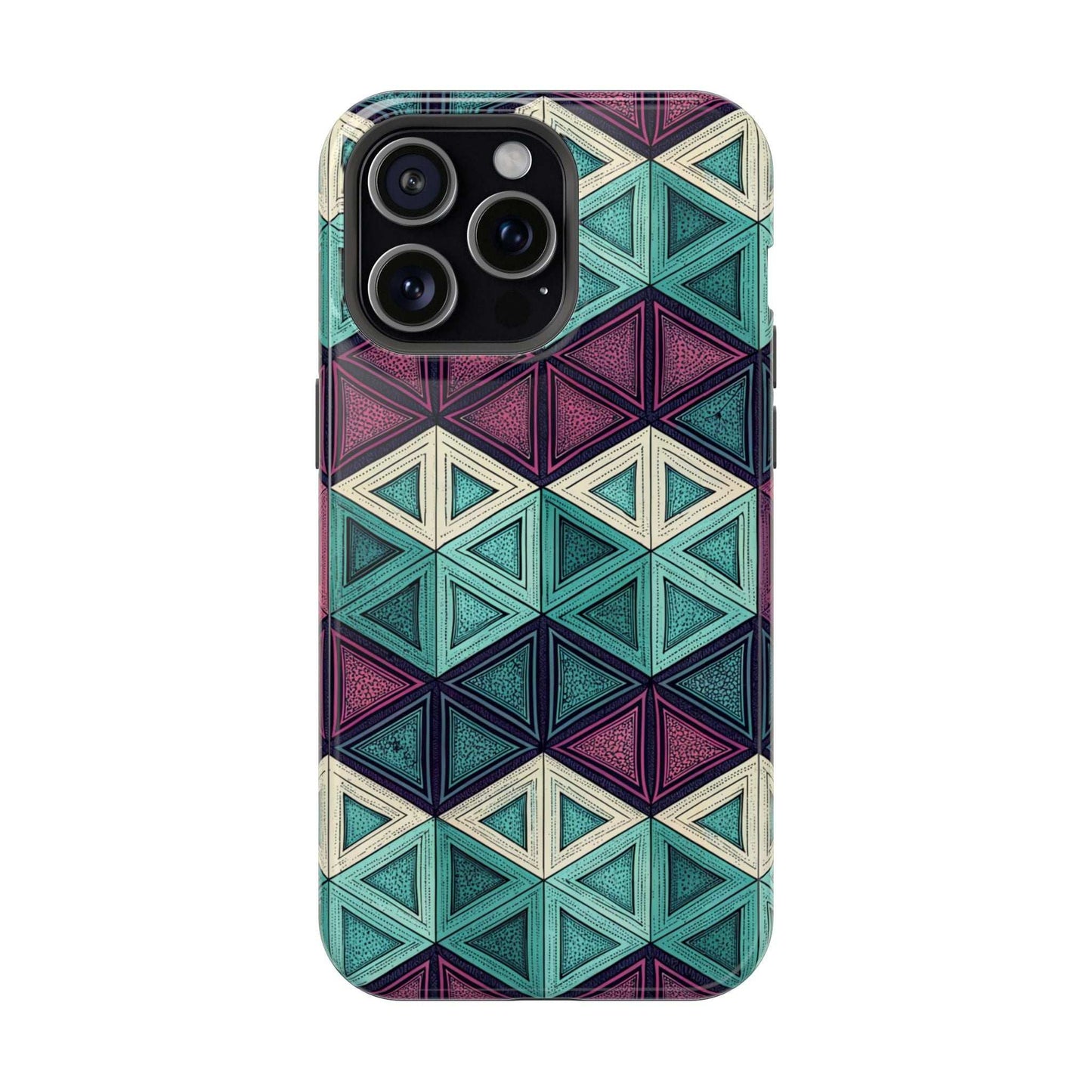 Purple and Teal Abstract geometric patterned magnetic iPhone tough case with MagSafe compatibility