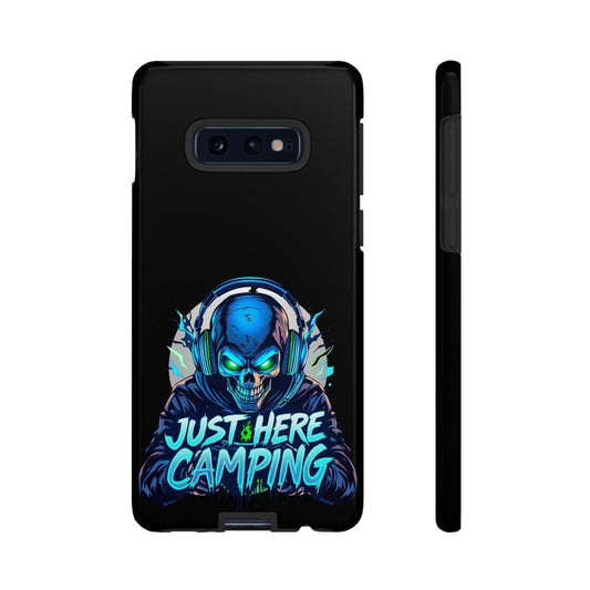 Samsung Tough Case for gamers with vibrant "Just Here Camping" skull design, durable protection for Samsung Galaxy models, gaming enthusiasts case