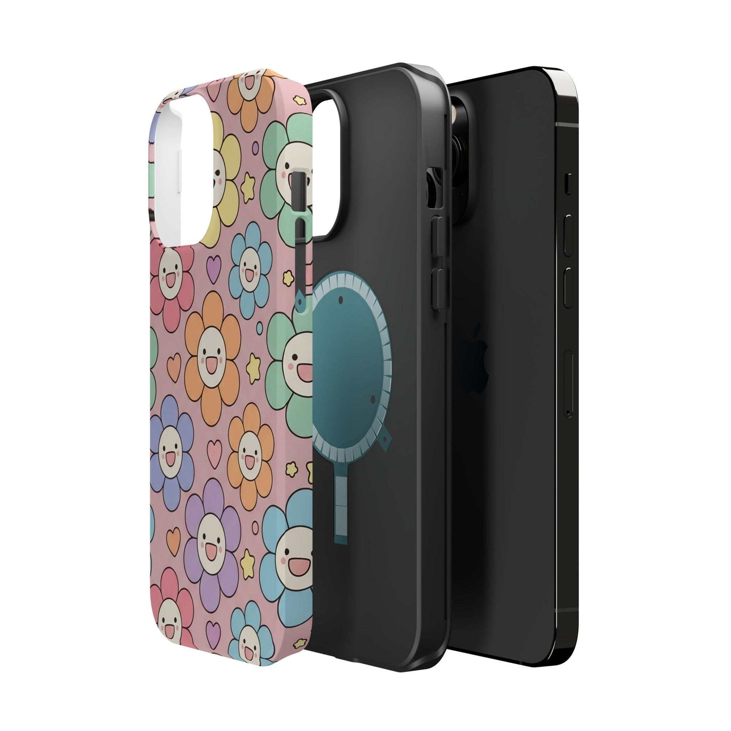 Happy Flower iPhone tough case with magnetic impact-resistant dual-layer protection and colorful floral design