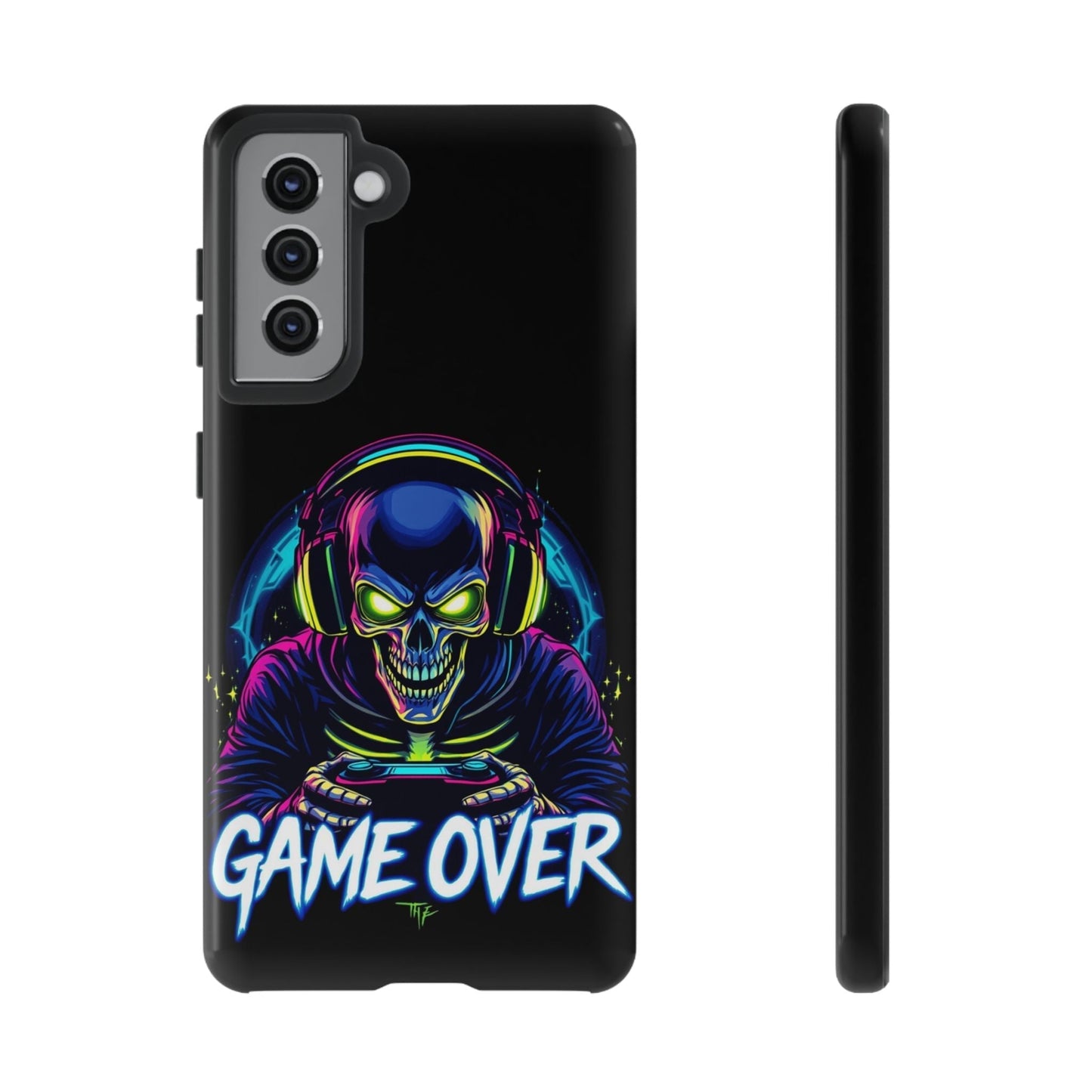 Game Over Design Samsung tough case with neon skull gamer graphic, impact-resistant protective phone cover for Galaxy models.