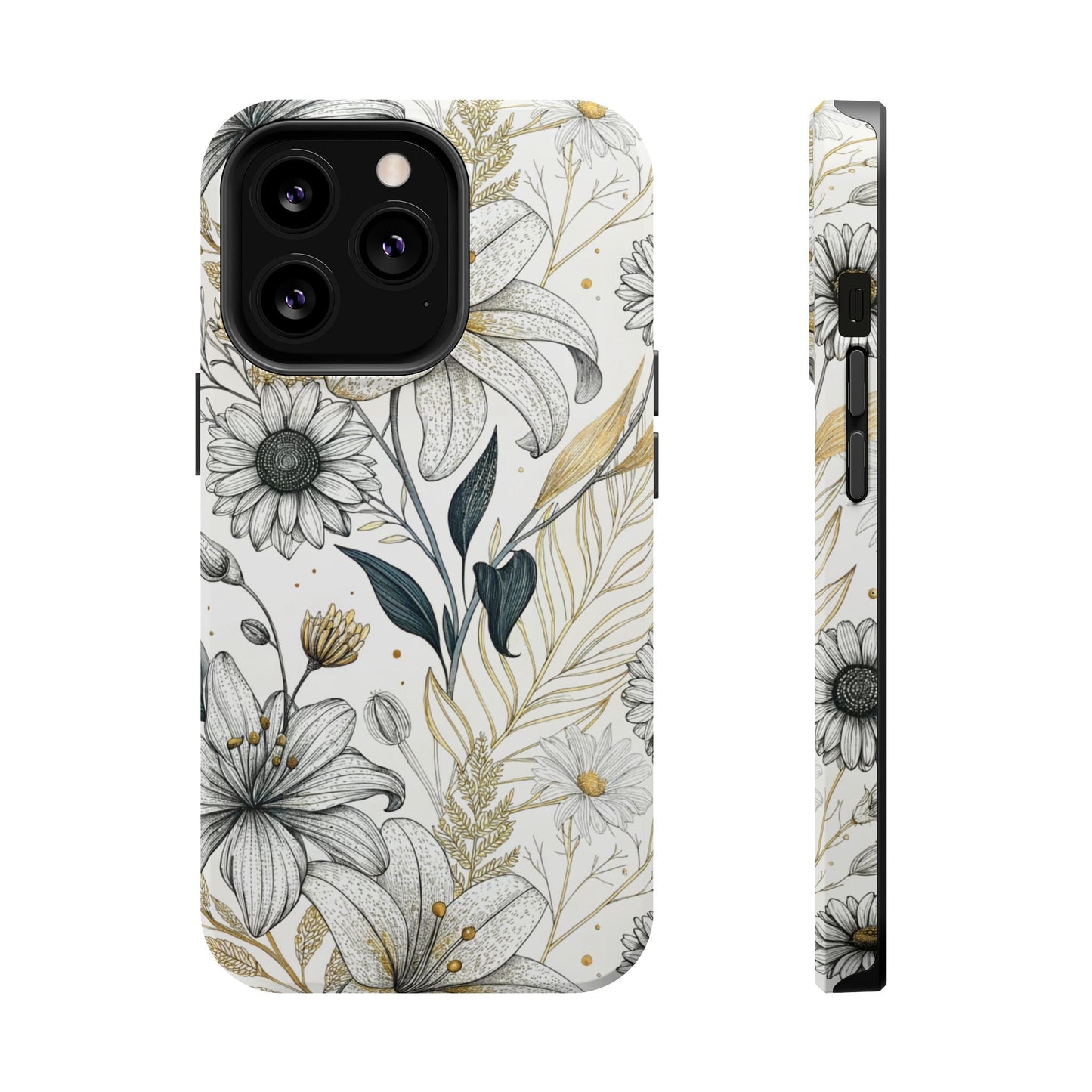 Golden Leaf Flower tough iPhone case with modern minimalist floral design and MagSafe compatibility