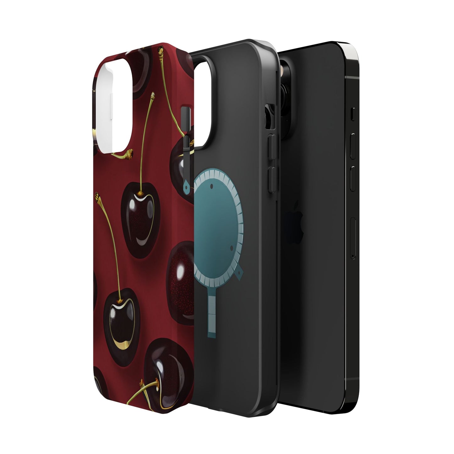 Cherry iPhone tough case with dual-layer protection and vibrant cherry print, MagSafe compatible.