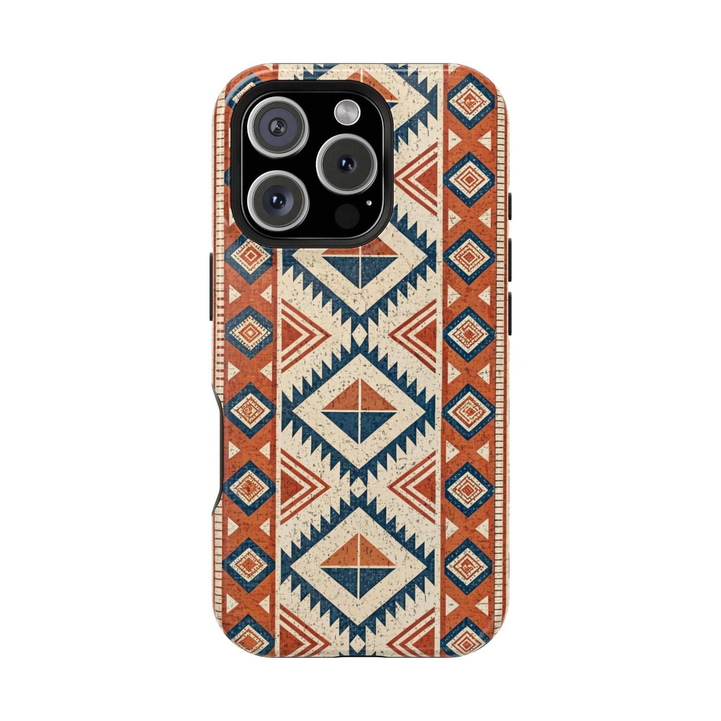 iPhone magnetic tough case with durable tribal inspired pattern design in red, blue, and beige colors