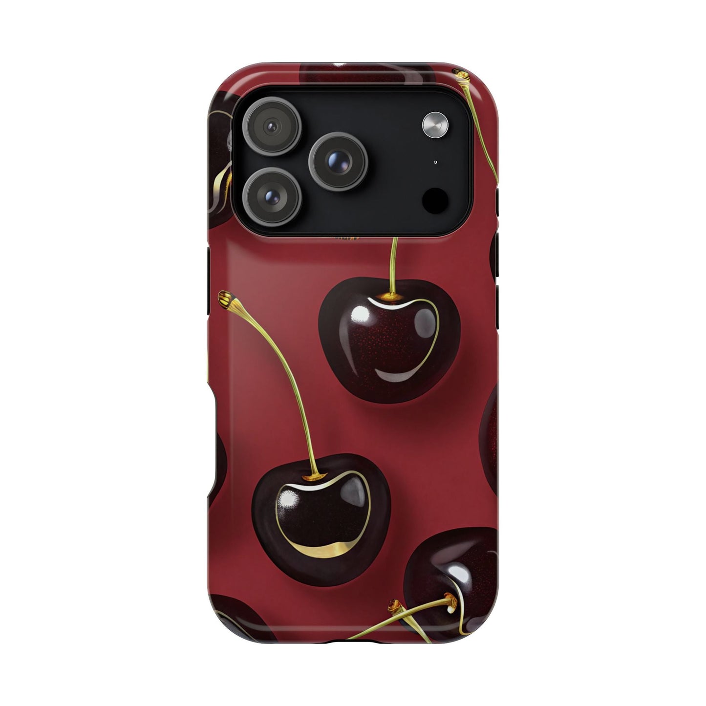 Cherry iPhone tough case with vibrant dual-layer durable protection and MagSafe compatibility featuring a glossy cherry design