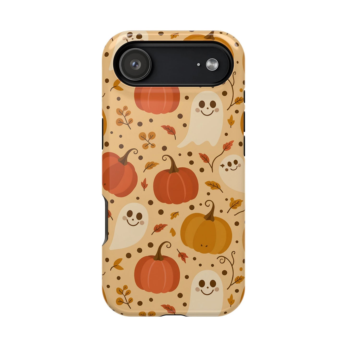 Spooky Pumpkins iPhone case with ghosts and pumpkins design, durable polycarbonate and TPU, MagSafe compatible.
