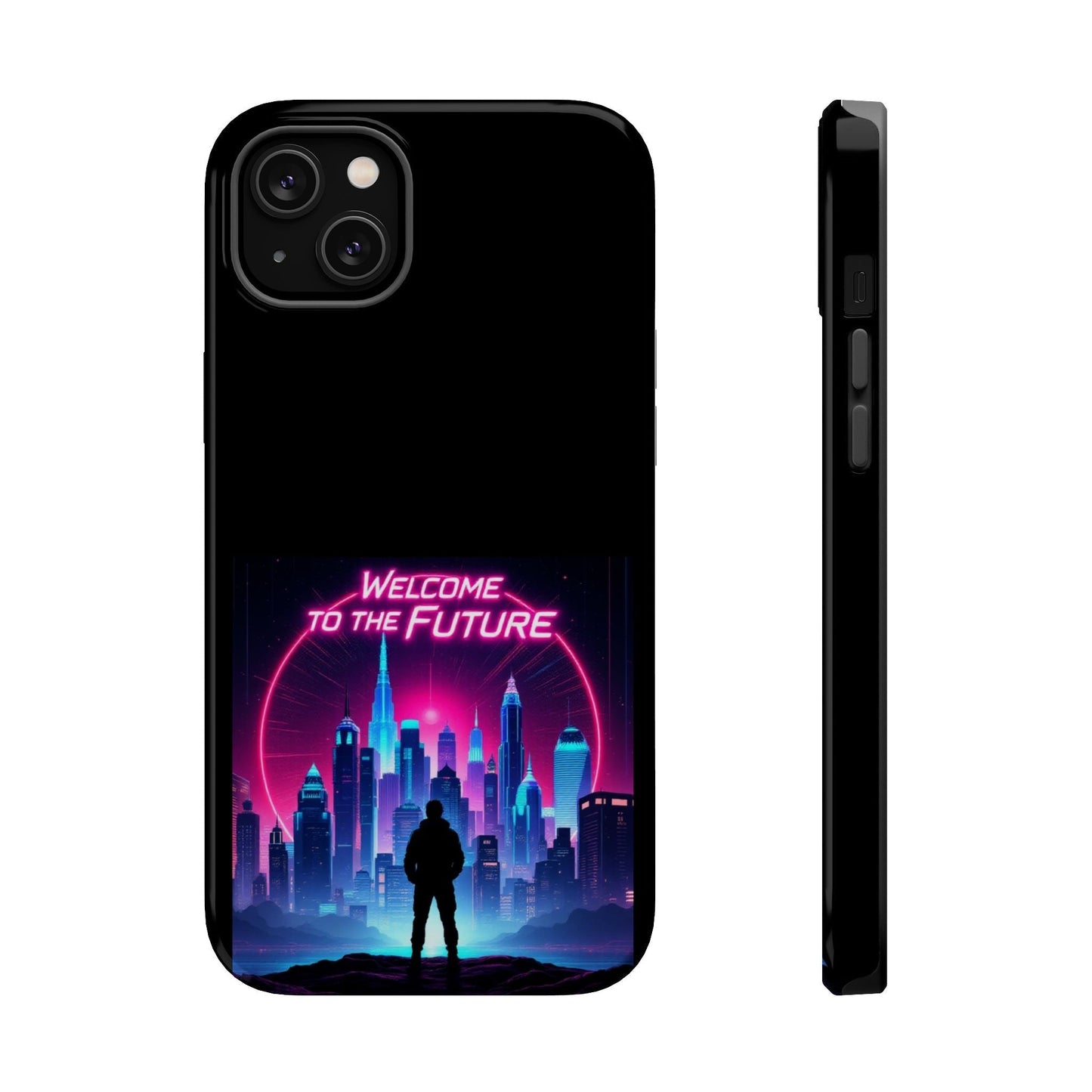 Futuristic Vibe iPhone Case with neon cityscape and "Welcome to the Future" text, durable MagSafe tough case for multiple iPhone models