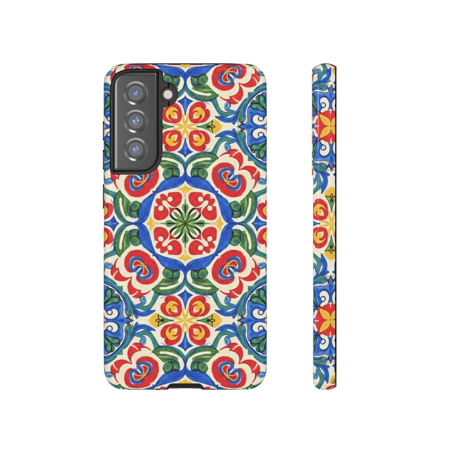 Mediterranean Samsung Case with hand-painted tile design and dual-layer protection in vibrant blues, reds, and greens.