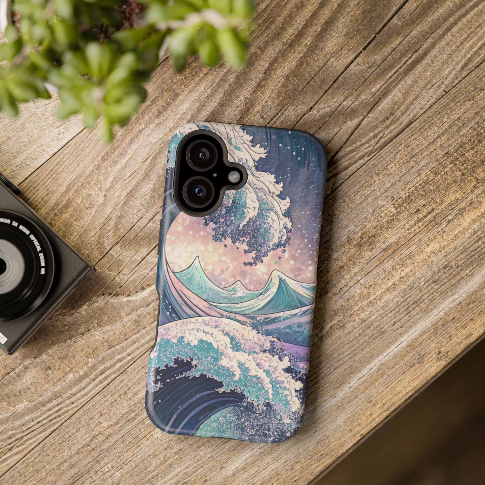 Crashing Waves Design iPhone case with ocean wave art, magnetic MagSafe protective cover on wood background