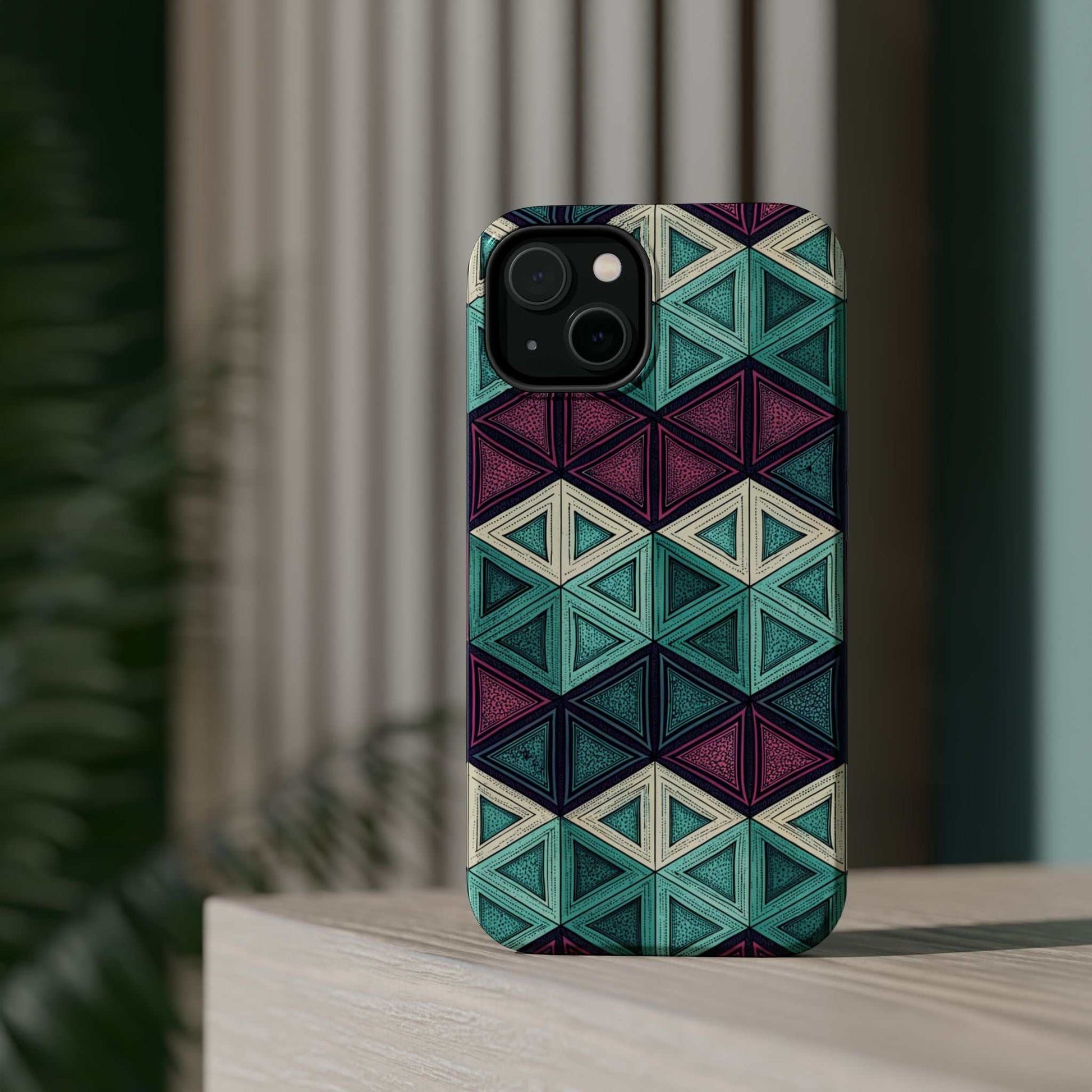 Purple and Teal Abstract geometric pattern magnetic iPhone tough case with MagSafe compatibility