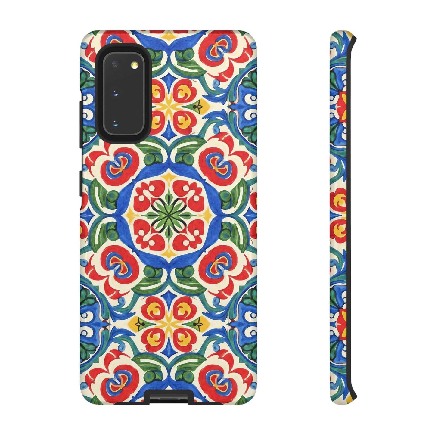 Mediterranean Samsung Case with hand-painted tile design, vibrant cobalt blue, terracotta, floral patterns, dual-layer protection, seamless 3D wrap, and durable polycarbonate shell.