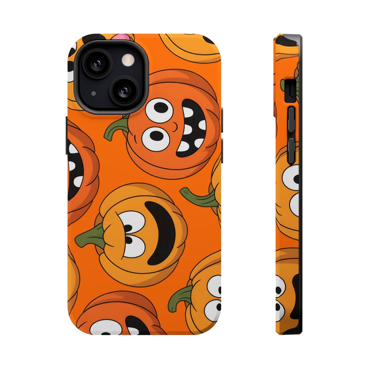 iPhone case with colorful Moody Pumpkins Design featuring cartoon pumpkin faces on orange background, durable protective cover with MagSafe compatibility