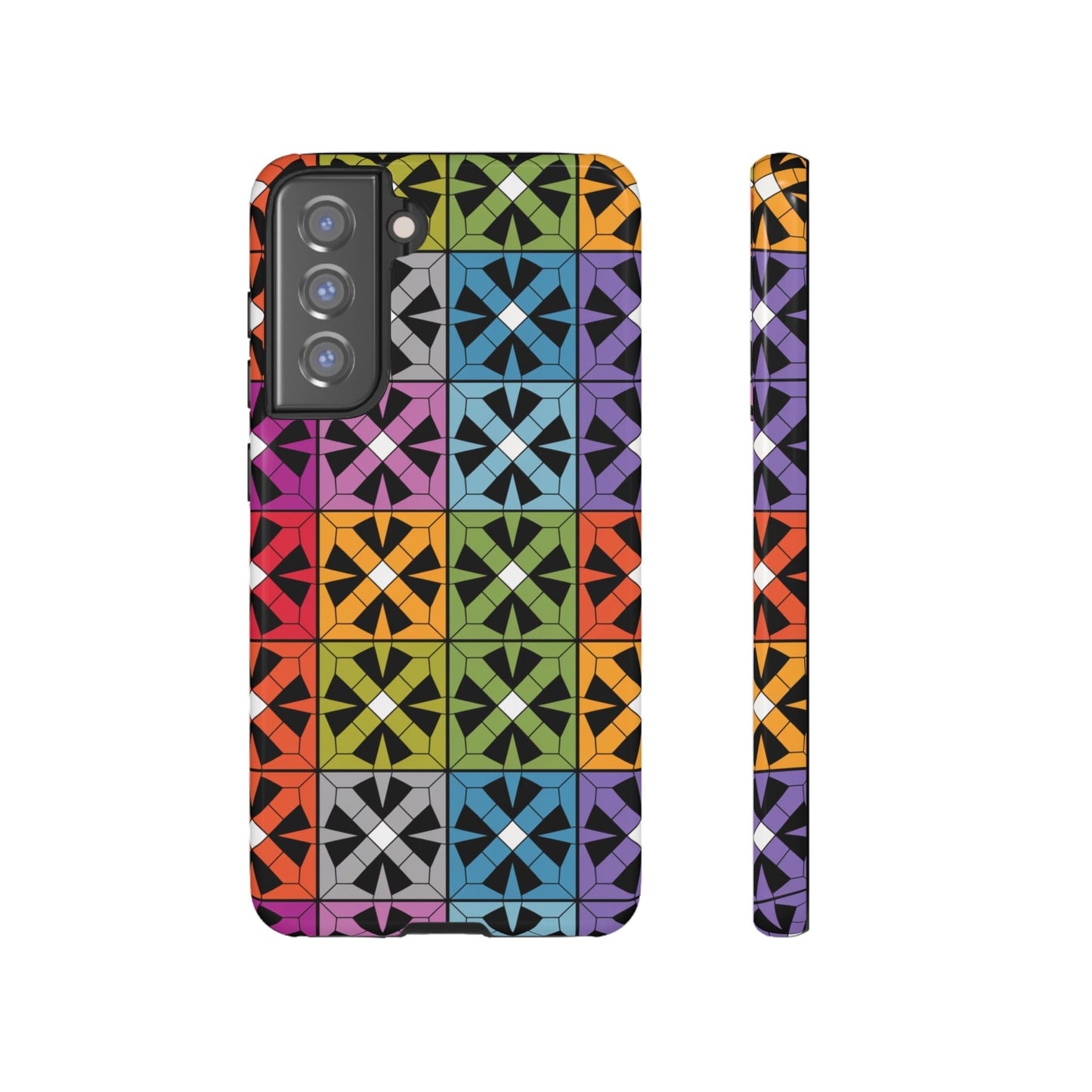 Samsung tough case with rainbow abstract square design in vibrant colors and durable shock-resistant build