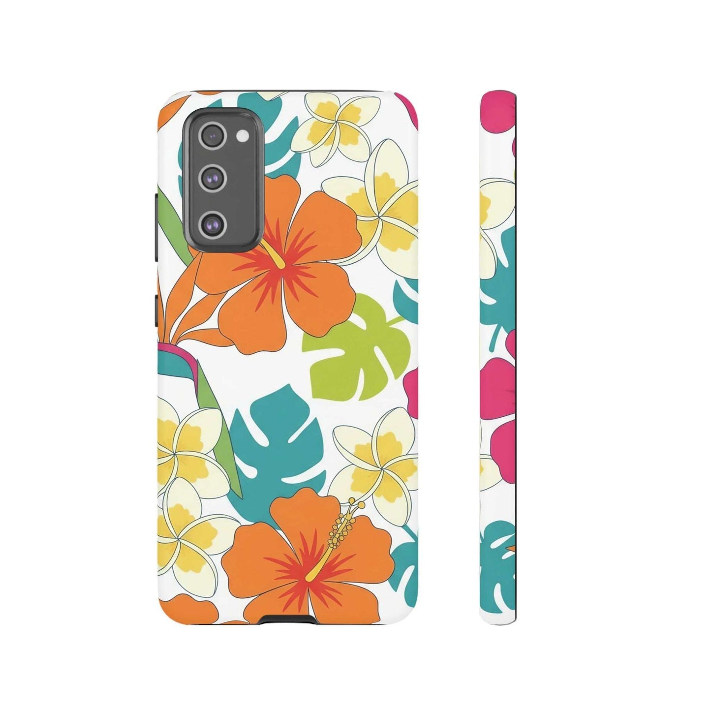Orange floral Samsung case with vibrant tropical flower design and durable shock-absorbent protection