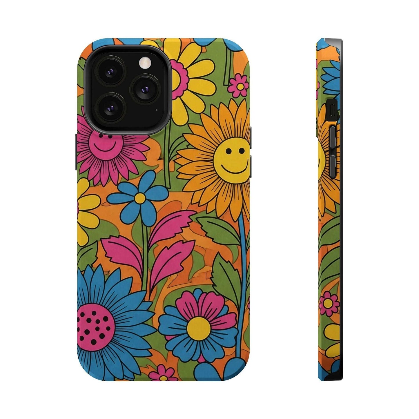 Flower Power iPhone Tough Case with vibrant floral design and durable polycarbonate construction for enhanced protection