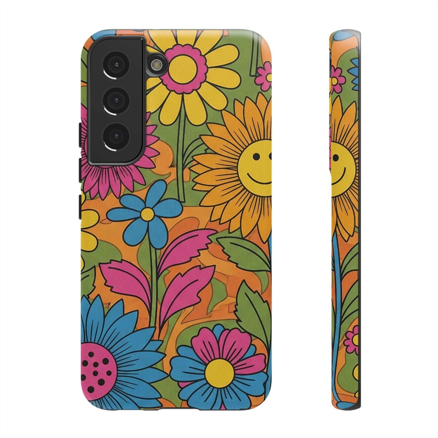 Samsung Phone Case with colorful retro flower power design and impact-resistant protection