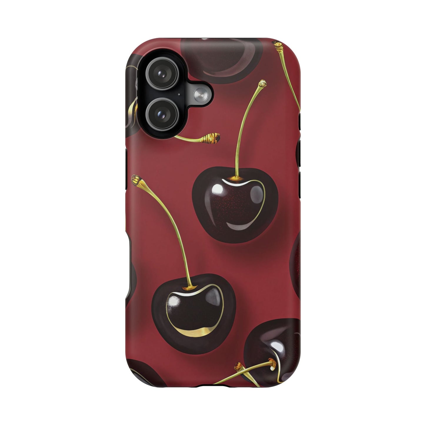 Cherry iPhone tough case with vibrant photo-realistic cherry print and durable dual-layer protection, MagSafe compatible