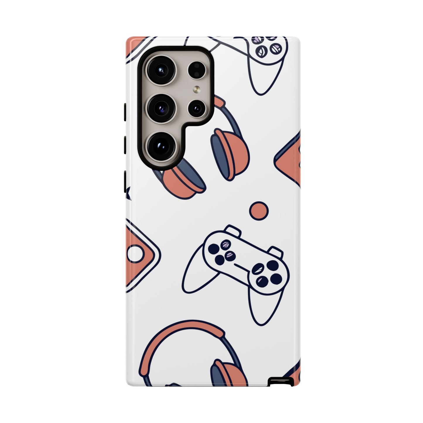 Samsung phone case with gamer-themed design of controllers and headsets, durable and impact-resistant cover