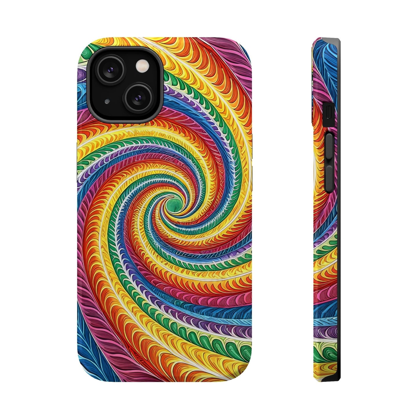 Rainbow Swirl iPhone tough case with vibrant colorful spiral design and dual-layer durable protection, MagSafe compatible.