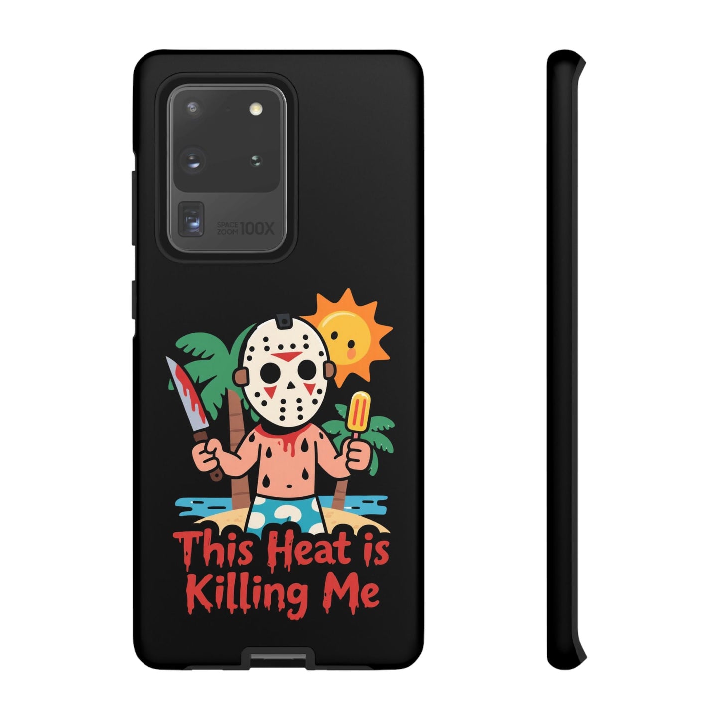 Samsung phone case with Summerween inspired cartoon character holding a knife and popsicle under sun and palm trees with "This Heat is Killing Me" text