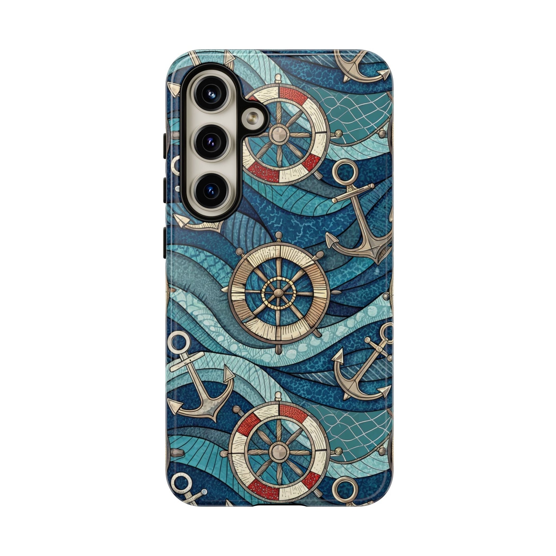 Samsung phone case with nautical anchor and life preserver design, durable tough protective cover with maritime theme